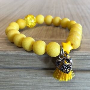 Yellow Beaded Bracelet with Heart Charm & Tassel